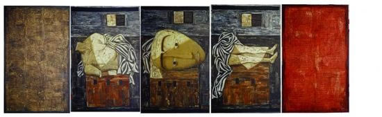 《手记3号：致不为人知的历史作家》布面油画、拼贴 昆明 180×115cm×5 1991