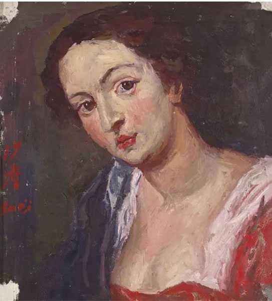 沙耆 凝望女子像 布面裱于纸板 油画 43.5 × 39.6 cm