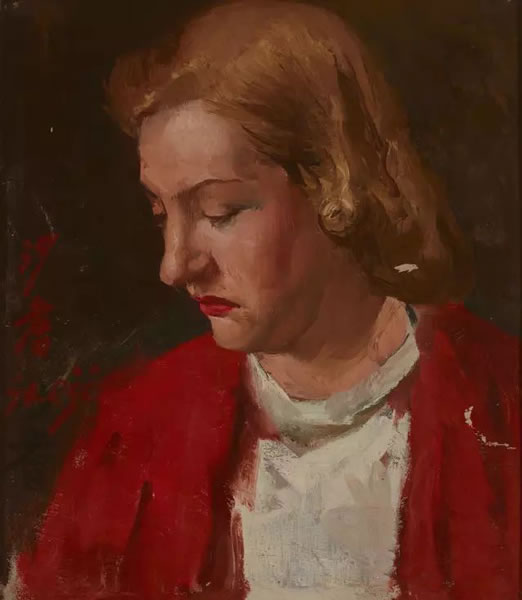 沙耆 红衣女肖像 布面裱于纸板 油画 43.5 × 37.5 cm