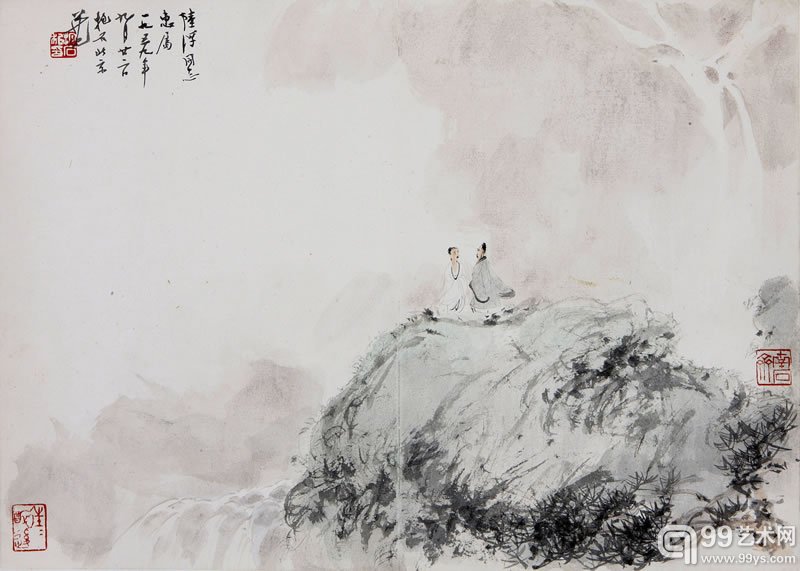 傅抱石  高士观瀑  设色纸本  镜心  32×45cm