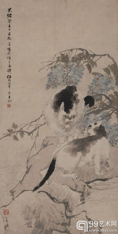 任伯年  猫石图 设色纸本  镜心 118×60cm