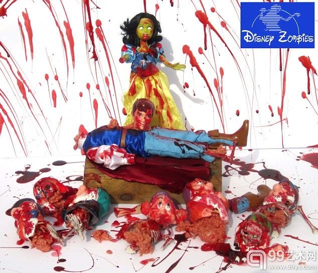 白雪公主不再楚楚动人，她残忍地把王子和七个小矮人的头拧下丢在一边。