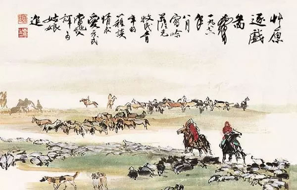 《草原逐戏图》局部之人物组合与题跋