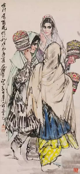 《新疆风情四屏》之《玉珑喀什河畔》、《喀什噶尔花帽》
