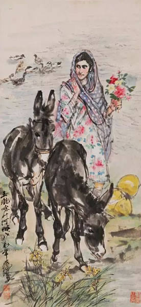 《新疆风情四屏》之《玉珑喀什河畔》、《喀什噶尔花帽》