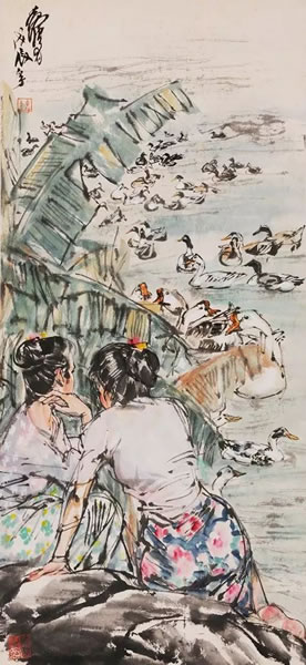 《云南风情四屏》局部之《闲暇》