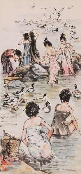 《云南风情四屏》局部之《洗浴》