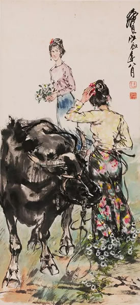 《云南风情四屏》局部之《牧牛》