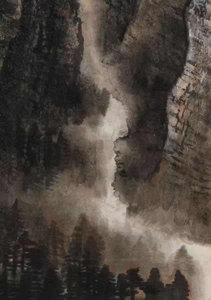 李可染《昆仑雪山图》局部之烟云、溪水