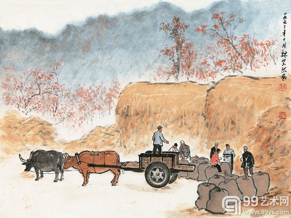 魏紫熙 收获时节 镜心 设色纸本 1963年作 34.5 × 46 cm RMB: 50,000-80,000 著录:《大家鉴赏丛书—魏紫熙》,第70页,人民美术出版社,2005年版。