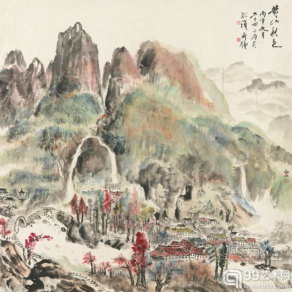 钱瘦铁 黄山秋色 镜心 设色纸本 丙申（1956年）作 107 × 106 cm RMB: 900,000-1,200,000 展览：“现当代中国水墨回望三十年（三）”，保利艺术博物馆，2012年11月。