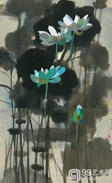 黄永玉 荷花 镜心 设色纸本乙卯（1975年）作 165 × 100.5 cm RMB: 2,000,000-3,000,000 著录：《美术作品选集》图7，人民美术出版社，1978年。