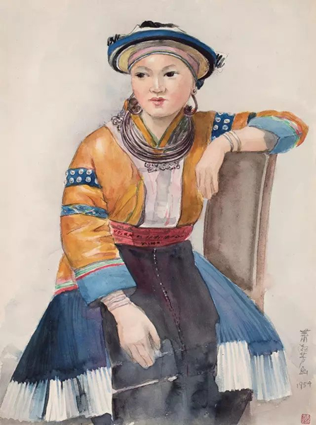 萧淑芳 苗族女孩像   1954年 纸本 水彩 39 × 28.5 cm