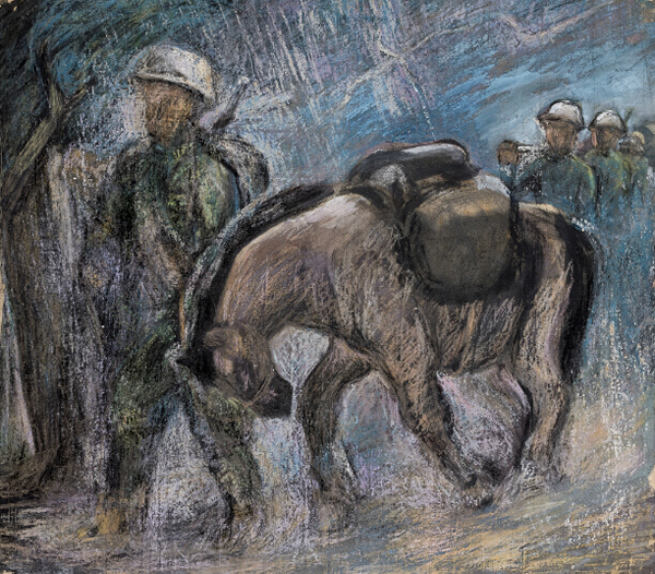 符罗飞 雷雨夜行军 1939年 纸本油画棒 67.5×60.5cm 来源：得自艺术家家属 RMB 300,000-500,000