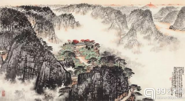 钱松喦 枣园曙光 纸本镜心 尺寸：88×159 cm RMB: 1,800,000-2,200,000 出版：《钱松喦遗作展》，荣宝斋（香港）有限公司，1995年。展览：《钱松喦遗作展》香港大会堂，1995年3月27日-3月29日。备注：1.钱紫筠题本幅。2.1977年6月，中央有关部门组成毛主席纪念堂筹委会办公室，开始在全国范围内征集艺术品。根据当时的规定，参评作品一律不署名、不题款，各地预选后送北京专家委员会通过无记名投票方式评选。钱松喦的此幅作品以全票通过，并被确定放大后作为毛主席纪念堂休息厅的主要作品之一（另一幅为李可染的《井岗山》）。来源：中国嘉德1996年秋季拍卖会，第500号拍品；2008年秋季拍卖会，第837号拍品。