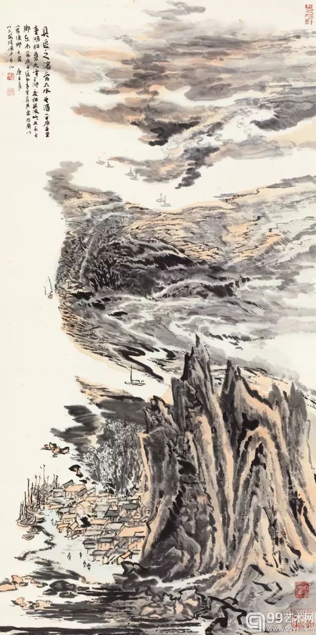 陆俨少 怀乡之思 纸本立轴 1990年作 尺寸：137×68 cm RMB: 1,600,000-2,000,000 出版：《陆俨少画集》（续编），P281，中国美术学院出版社，2010年。备注：谢春彦题签。谢春彦（b.1941），山东东营人，当代中国艺术家，美术评论家，国务院新闻办《中国网》专栏作家、专家，上海中国画院高级画师。