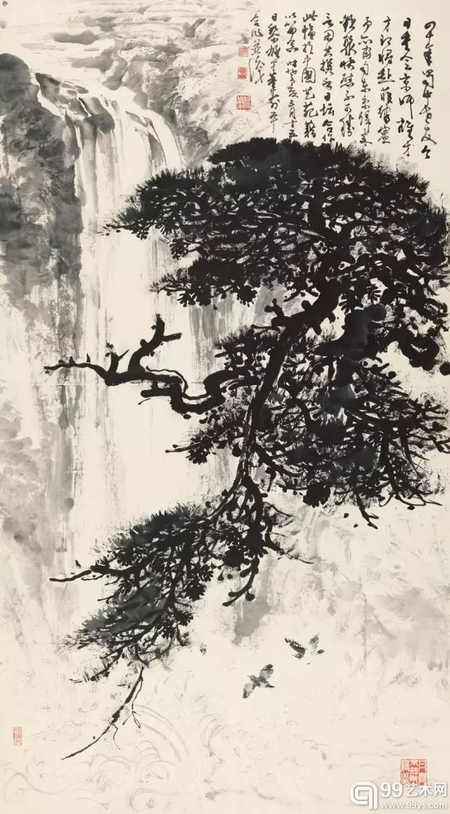 黎雄才、董寿平 苍松飞瀑 纸本镜心1983年作 尺寸：178×96.5 cm RMB: 550,000-650,000