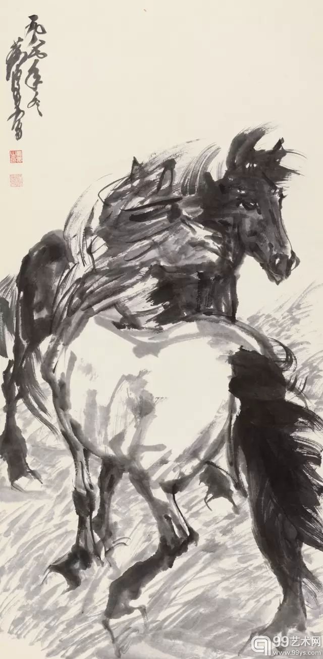 黄胄 黑白双骏 纸本镜心1987年作 尺寸：138.5×68.5 cm RMB: 700,000-900,000