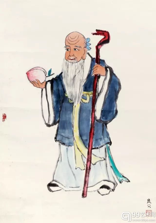 关良 寿星 纸本镜心 尺寸：69.5×49cm 备注：此幅“关良”印章出版于《关良用印集》 RMB: 450,000-500,000