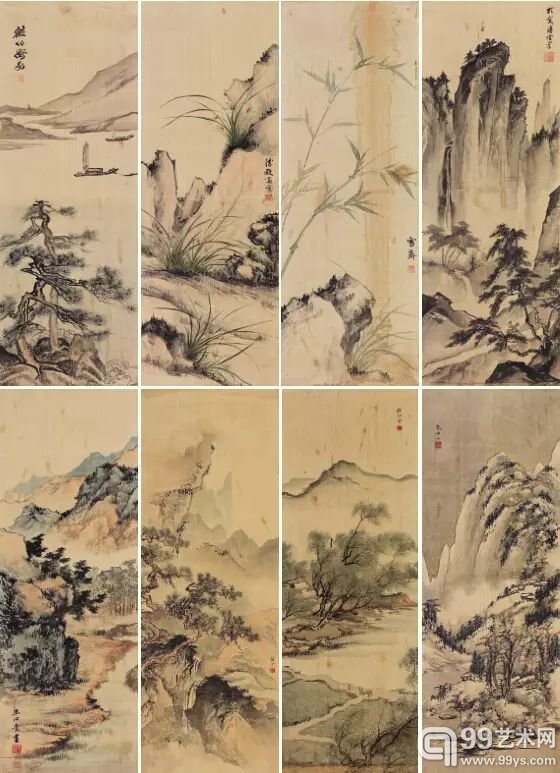 于非闇、秦仲文、徐石雪、吴镜汀等 拟古十八屏 绢本镜心 尺寸：90×31.5 cm×18 RMB: 1,800,000-2,200,000