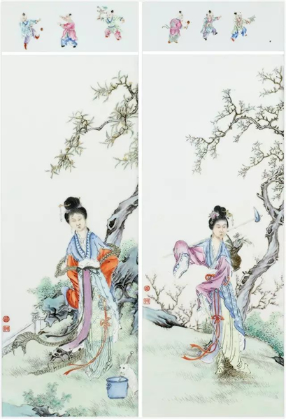 民国 汪晓棠 粉彩仕女图瓷板一对