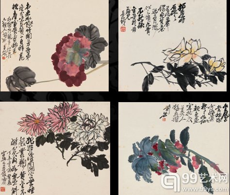 吴昌硕 致三多花卉册 册页(四开八页) 水墨、设色纸本 27 × 32 cm (每幅) 成交价:RMB 43,700,000