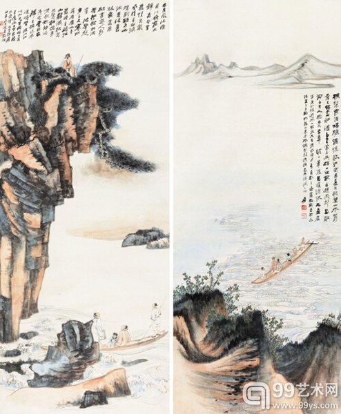 张大千 前后赤壁 立轴 设色纸本 辛巳(1941年)作 128 × 51.5 cm (每幅) 成交价:RMB 13,800,000