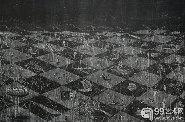 获奖作品：吴建棠《造景》 黑白木刻  120x79cm  2013