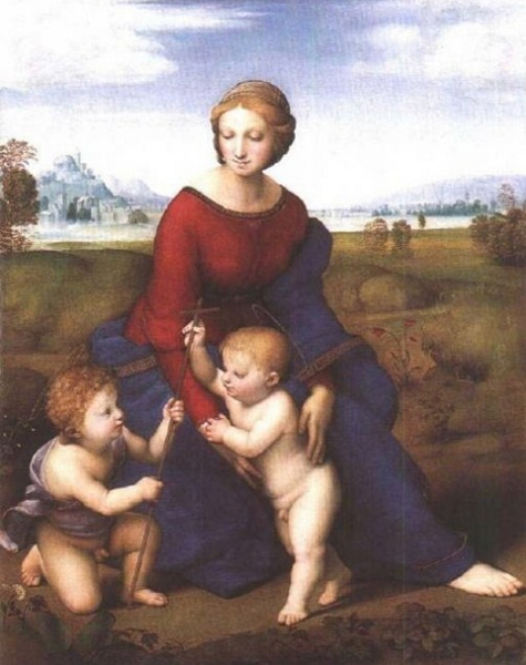 图为 拉斐尔 草地上的圣母1505-1506年 木板油画