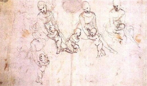 图为 拉斐尔 为《草地上的圣母》所画的4次草图1505-1506年 速写本的一页 蘸水笔和墨水，纸本