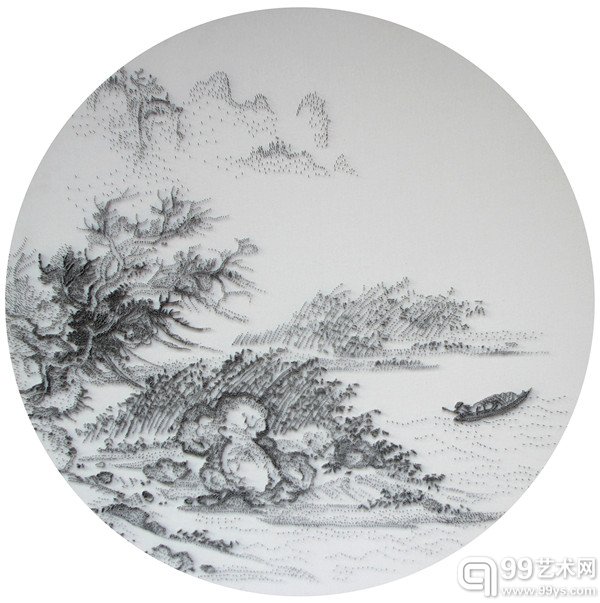 《山非山兮水非水No .1》直径80cm 当代水墨钉子画    木板、钉子、布等综合材料  张慧颖