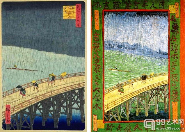 日本浮世绘大师歌川广重《大桥骤雨》的木版画原作(左)以及凡•高的油画临摹作品(右)