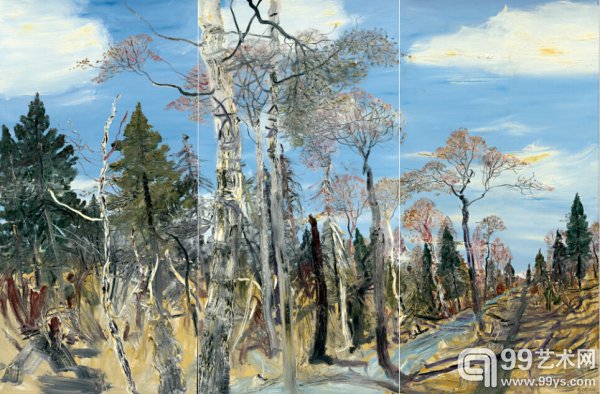 赵开坤《长白老林（三联）》油画  100×200cm  2010 完整
