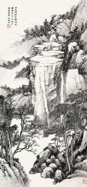 吴湖帆 仿文待诏松鹤鸣泉图 设色纸本 立轴 109×49cm