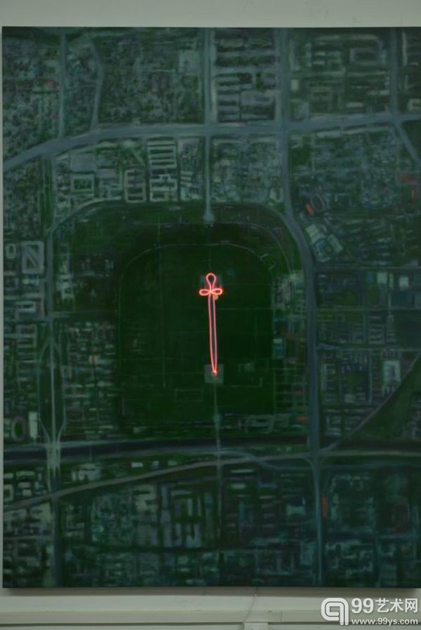 杨千 行走+No14-+天坛的劍，+光纤灯带、油画和综合材料于帆布Walking+...