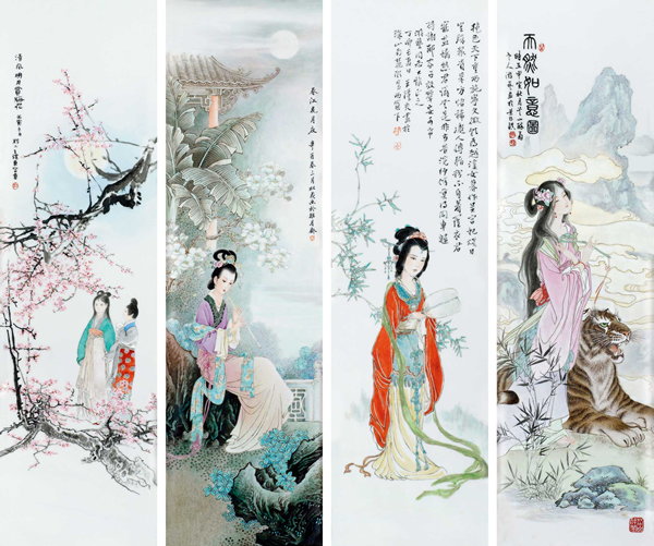 王锡良、张松茂、王隆夫、游艺 粉彩花鸟人物瓷板一组四件 成交价：379.5万元