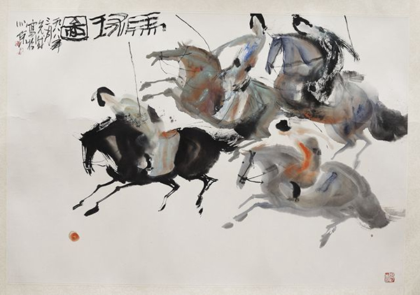 彭先诚 马球图 68x100cm 纸本水墨