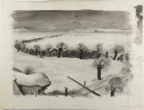 Leo Haas的“运输到达特列钦”（1942），纸本，墨水笔刷创作。耶路撒冷Yad Vashem艺术博物馆所藏。