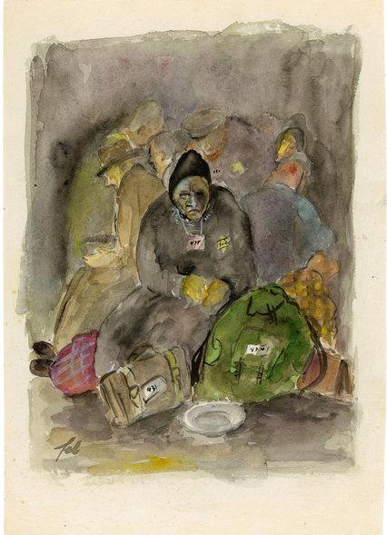 Felix Bloch“运输到达特列钦”（1942-1944），纸本，水彩和墨水创作。耶路撒冷Yad Vashem艺术博物馆所藏。