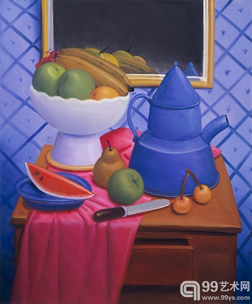 蓝咖啡壶静物（2002），布面油画，122.5cm X 102.5cm