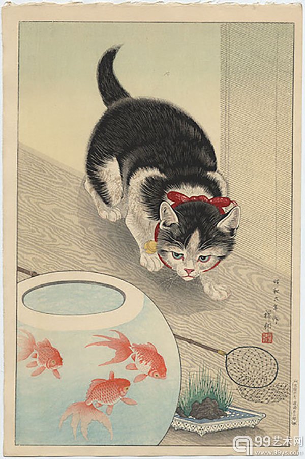 19世纪日本油画家兼版画家Ohara Koson的画作《猫和金鱼》。