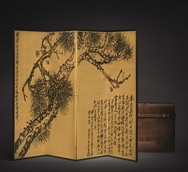 Lot415-吴昌硕《七十一岁作苍松图金绢屏风》 甲寅年(1914年)作 水墨 金绢 屏风1 32.5×182cm 约21.7平尺 JPY:15,000,000-20,000,000 RMB:825,000-1,100,000