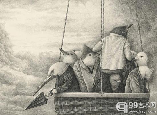 David Álvarez的插画：穿华服的鸟儿