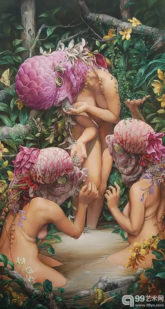 美国画家 Hannah Yata 作品另类怪异,融合了人、动物及自然,寓意丰富。