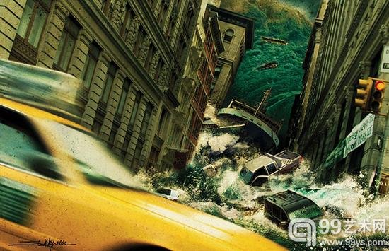 凶猛的海潮冲入纽约市狭窄的街头，似乎正将汽车和建筑物掀翻。（网页截图）