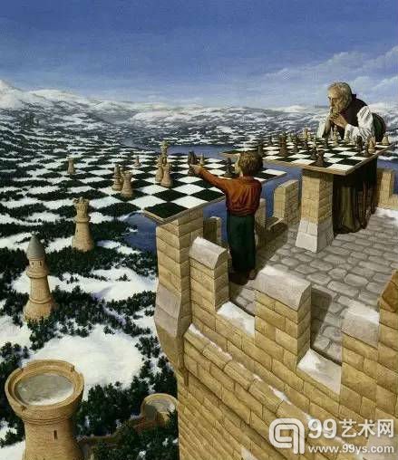 请你仔细看这幅画。小孩子到底是在移动棋子呢，还是在指着远处呢？眼前深浅色交错的，到底是积了雪的土地，还是一副棋盘呢？