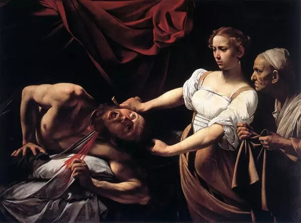 卡拉瓦乔《朱迪思砍下霍洛芬斯的头颅》(Judith Beheading Holofernes）1598-1599年，现藏于罗马国立古代艺术画廊。
