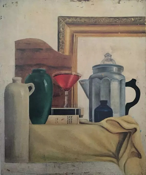 丘堤的画。从上至下依次：《咖啡壶与酒杯》，1931年；《西湖平湖秋月》，1946年；《窗外》，1947年。