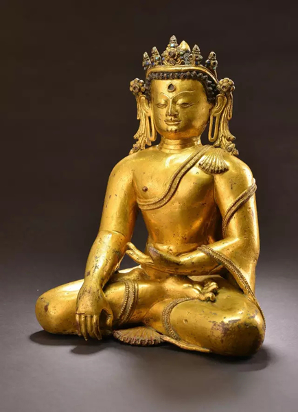 十三世纪佛教艺术　尼泊尔铜鎏金宝冠释迦牟尼 H 30.2 cm.