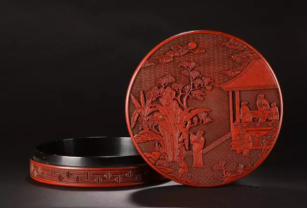 明永乐　剔红庭院赏月图盖盒 D 27 cm. H 7 cm. 来源：日本藏家旧藏